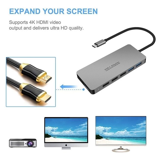 INTACT 9845T 11-in-1 USB-C Adapter HDMI/USB3.0*2/USB2.0*3/TypeC/SD*2/TF/ USB-C PD view 2