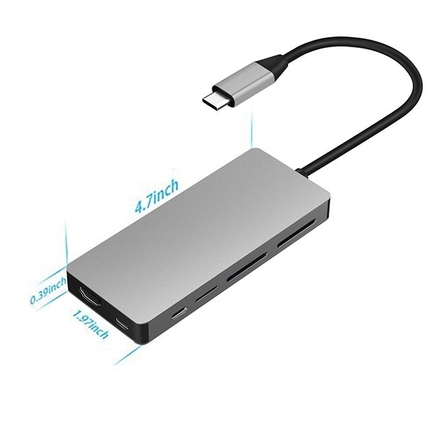 INTACT 9845T 11-in-1 USB-C Adapter HDMI/USB3.0*2/USB2.0*3/TypeC/SD*2/TF/ USB-C PD view 3
