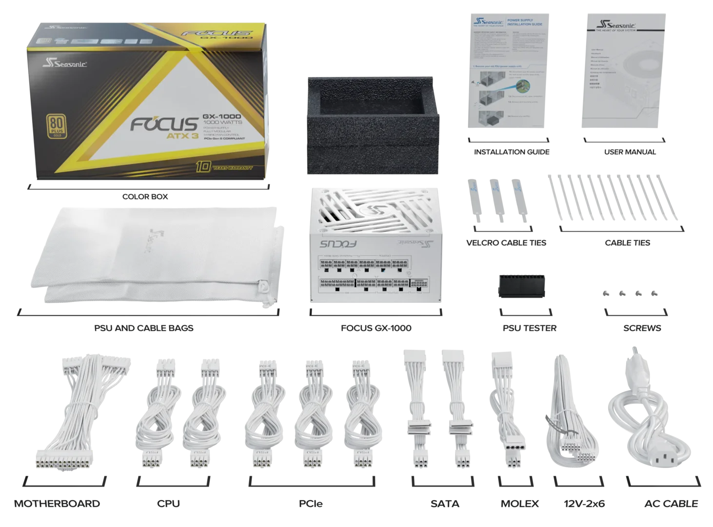 Seasonic 1000W Focus GX-1000 V4 WHITE Fully-Modular 80 PLUS Gold ATX3.1/PCIe view 11