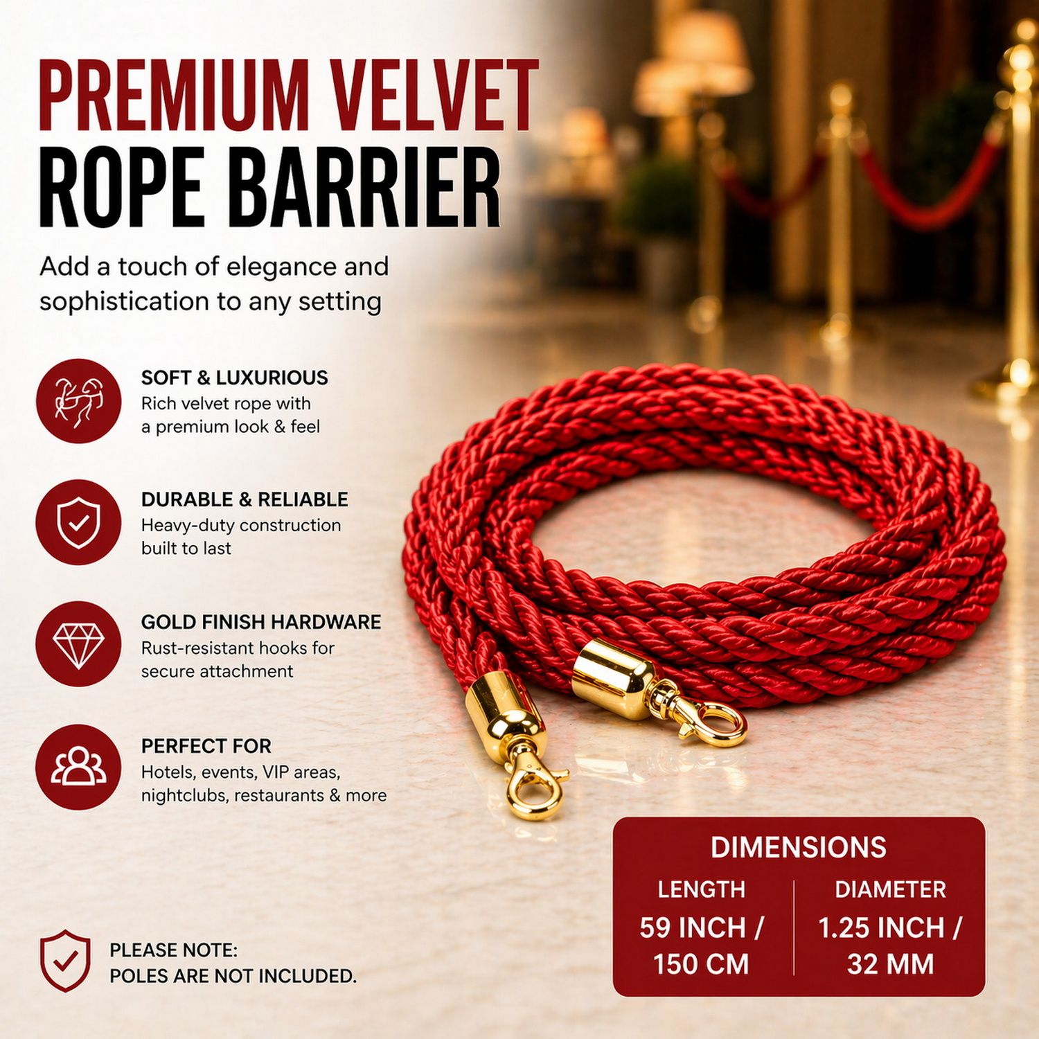 Premium Velvet Rope Barrier Queue Rope with Gold Hooks Red 150cm VIP Crowd view 4
