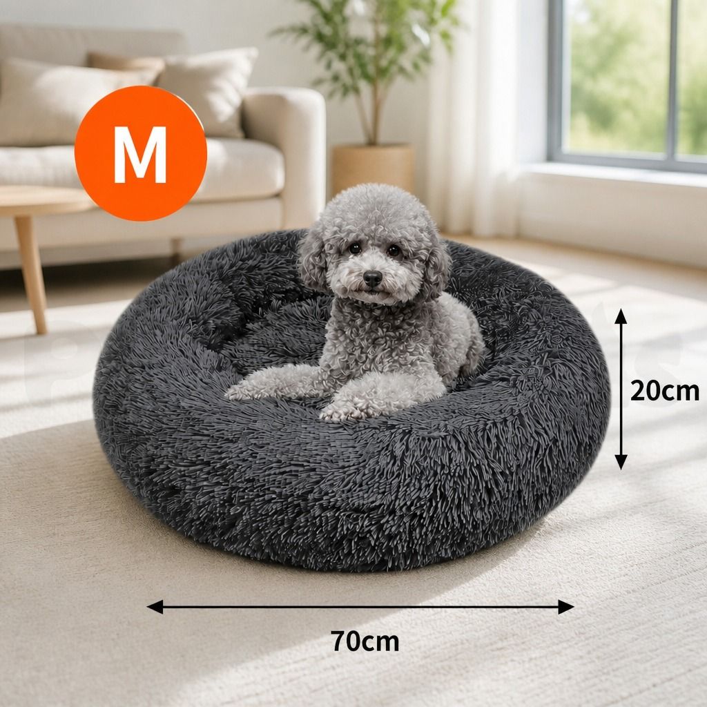 Dog Pet Cat Calming Bed Warm Plush Round Nest Comfy Sleeping Bed Dark Grey 70cm view 2
