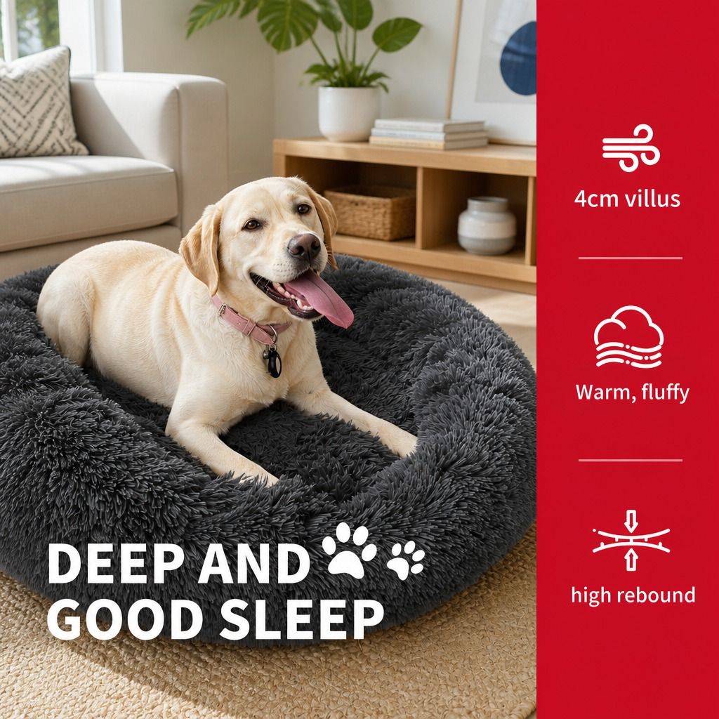 Dog Pet Cat Calming Bed Warm Plush Round Nest Comfy Sleeping Bed Dark Grey 70cm view 4