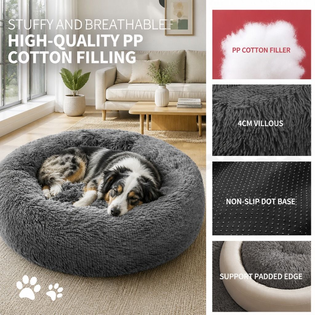 Dog Pet Cat Calming Bed Warm Plush Round Nest Comfy Sleeping Bed Dark Grey 70cm view 7