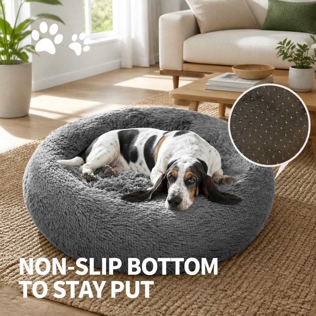 Dog Pet Cat Calming Bed Warm Plush Round Nest Comfy Sleeping Bed Dark Grey 70cm view 8
