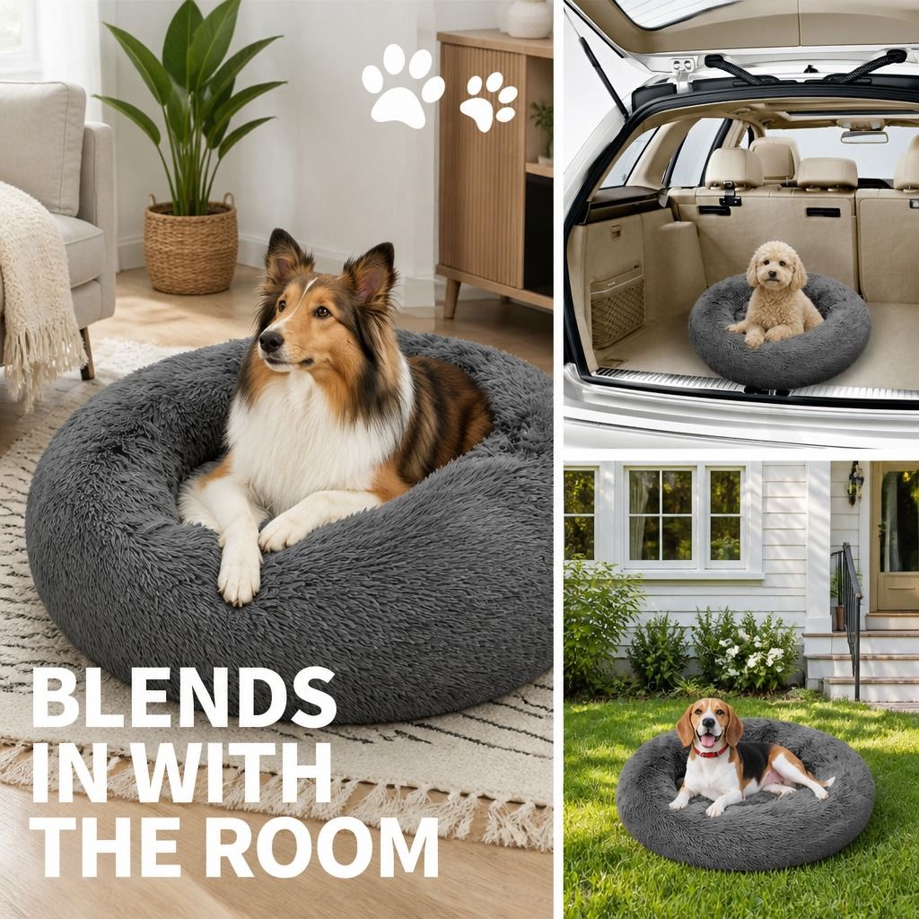 Dog Pet Cat Calming Bed Warm Plush Round Nest Comfy Sleeping Bed Dark Grey 70cm view 9