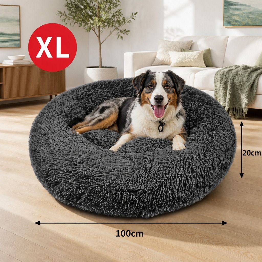 Dog Pet Cat Calming Bed Warm Plush Round Nest Comfy Sleeping Bed Dark Grey 100cm view 2