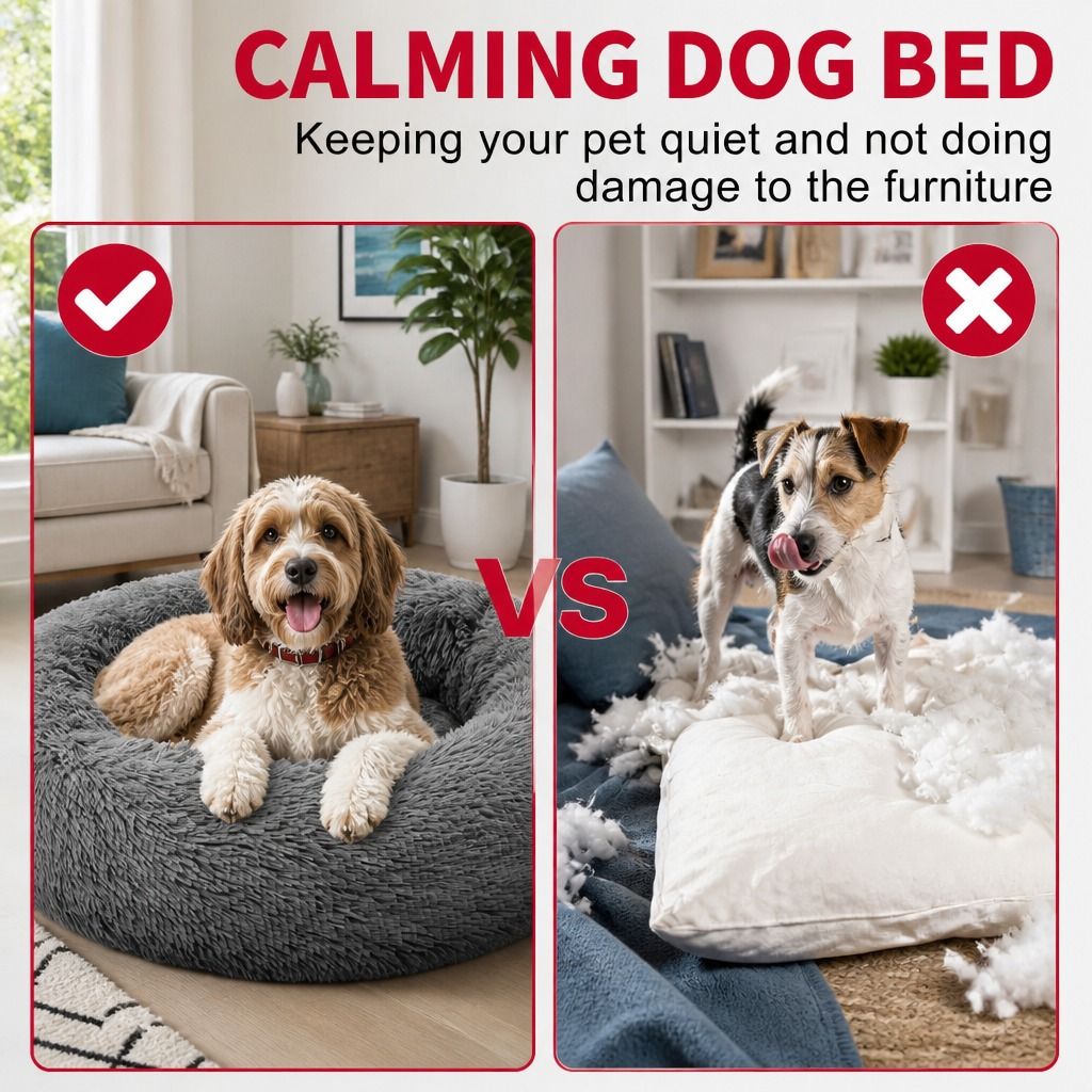 Dog Pet Cat Calming Bed Warm Plush Round Nest Comfy Sleeping Bed Dark Grey 100cm view 3