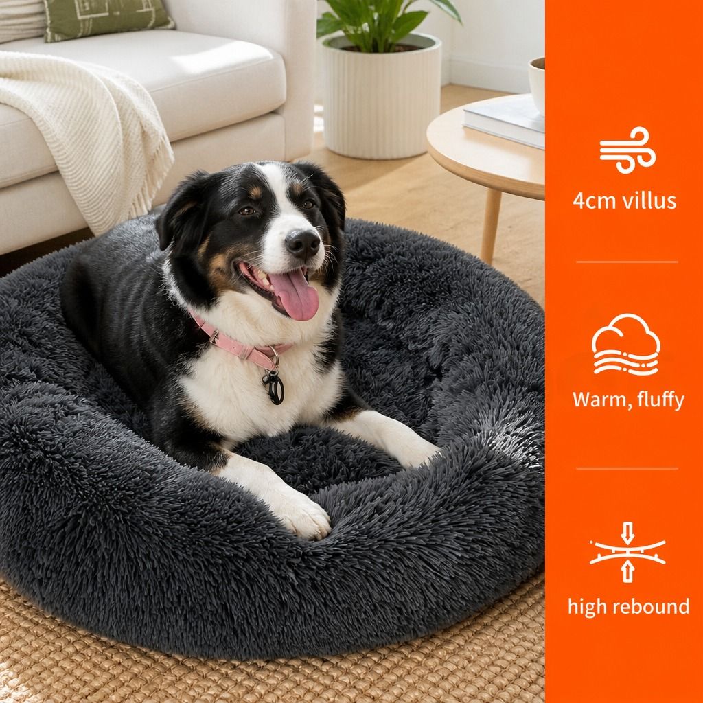 Dog Pet Cat Calming Bed Warm Plush Round Nest Comfy Sleeping Bed Dark Grey 100cm view 4