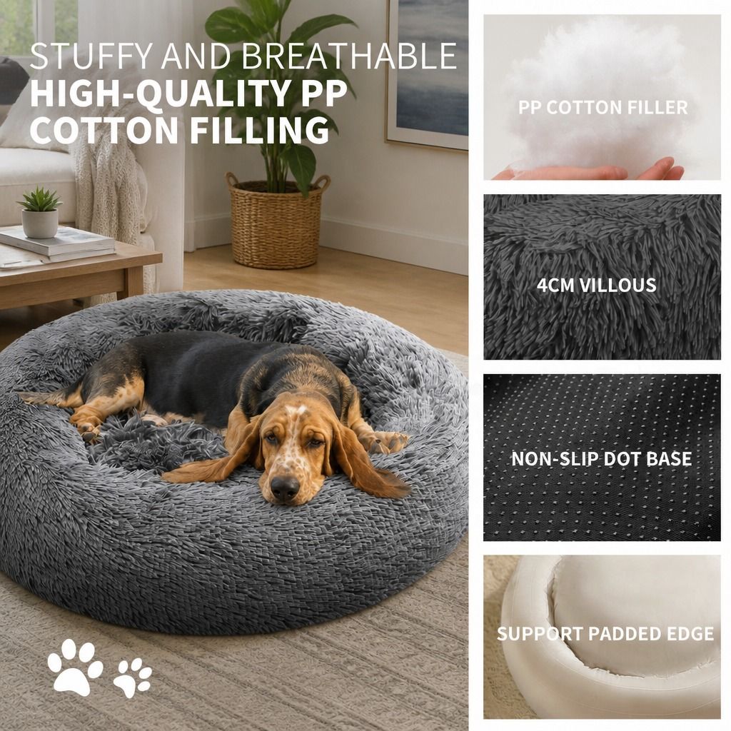 Dog Pet Cat Calming Bed Warm Plush Round Nest Comfy Sleeping Bed Dark Grey 100cm view 7