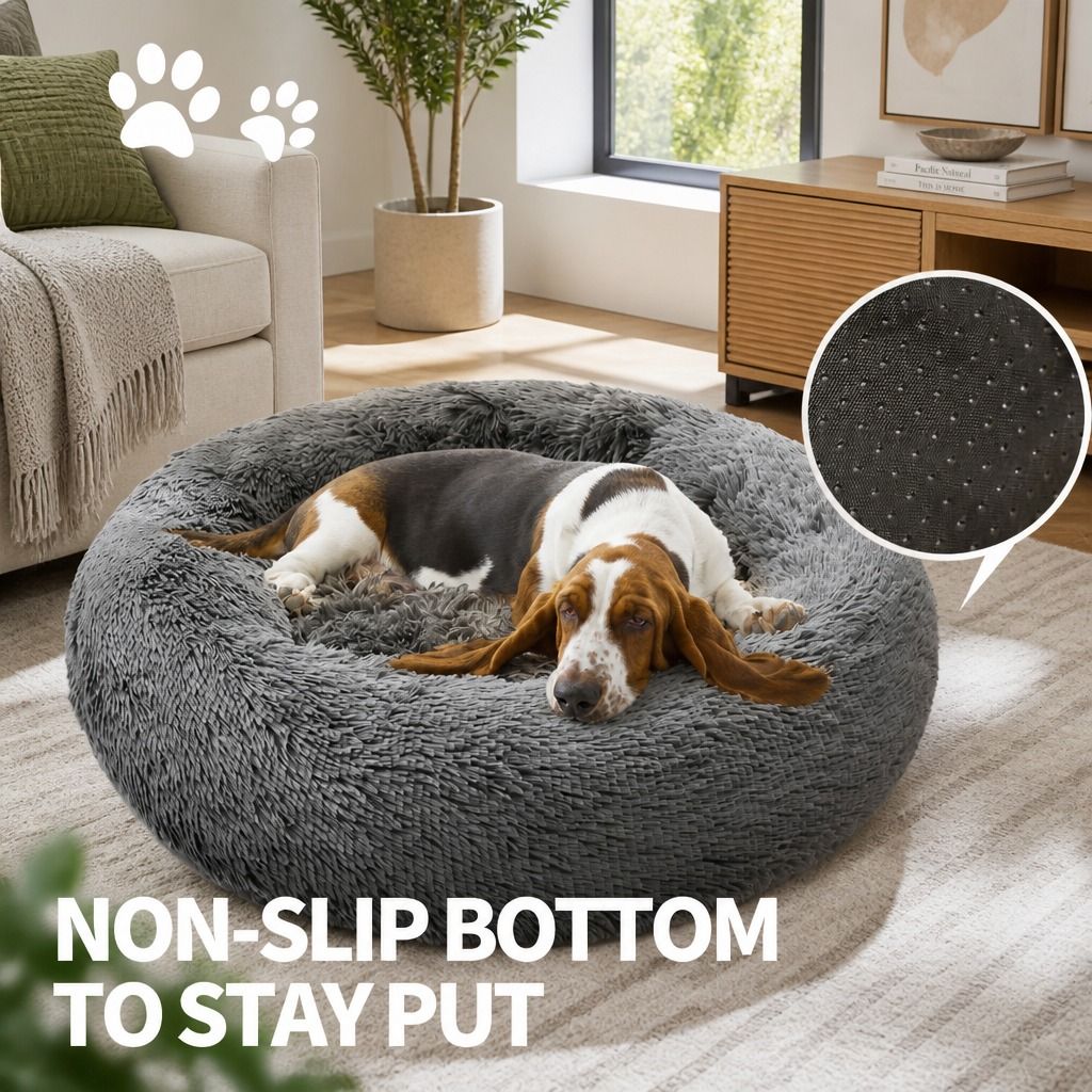 Dog Pet Cat Calming Bed Warm Plush Round Nest Comfy Sleeping Bed Dark Grey 100cm view 8