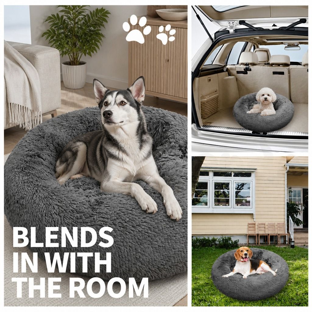 Dog Pet Cat Calming Bed Warm Plush Round Nest Comfy Sleeping Bed Dark Grey 100cm view 9