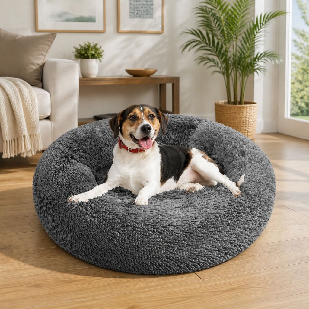 Dog Pet Cat Calming Bed Warm Plush Round Nest Comfy Sleeping Bed Dark Grey 100cm view 12