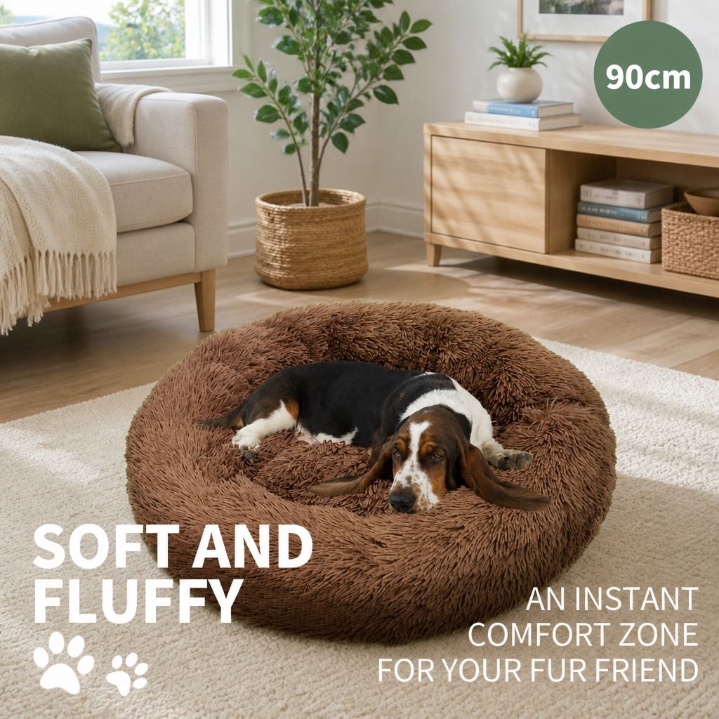 Pet Dog Bedding Warm Plush Round Comfortable Dog Nest Light Coffee Large 90cm view 2
