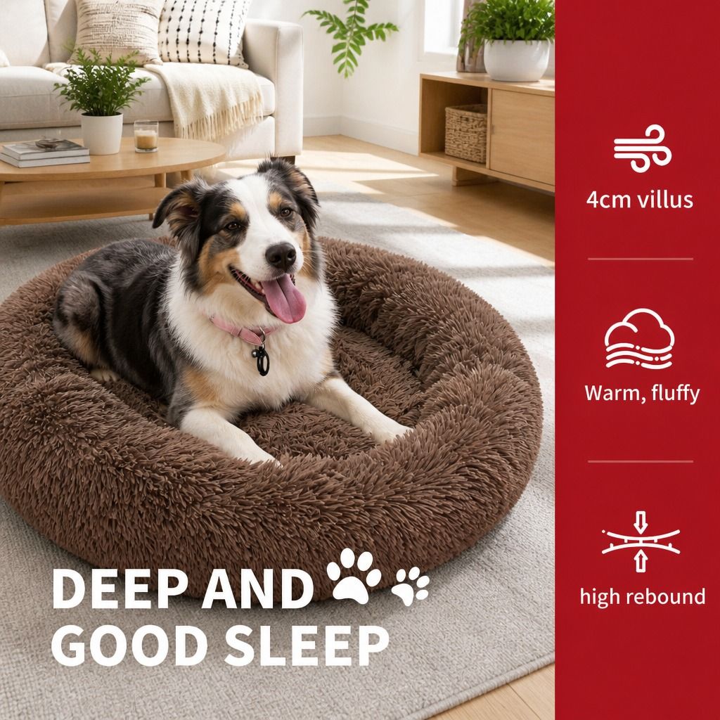 Pet Dog Bedding Warm Plush Round Comfortable Nest Sleeping kennel Coffee M 70cm view 5
