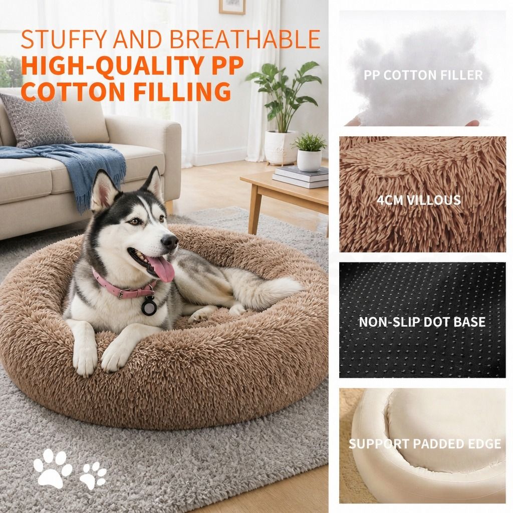 Pet Dog Bedding Warm Plush Round Comfortable Nest Sleeping kennel Coffee M 70cm view 8