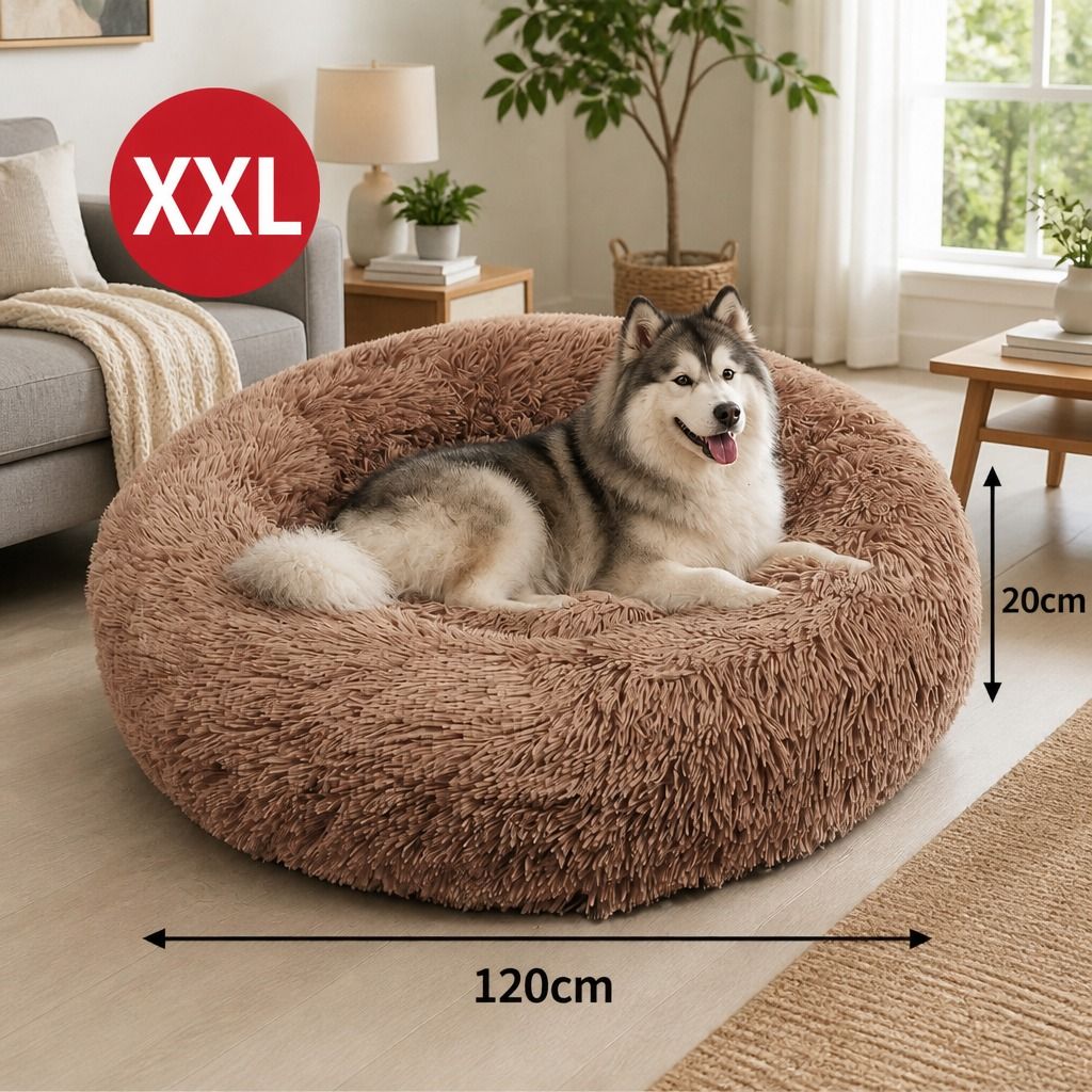 Pet Dog Bed Bedding Warm Plush Round Soft Dog Nest Light Coffee XXL 120cm view 2