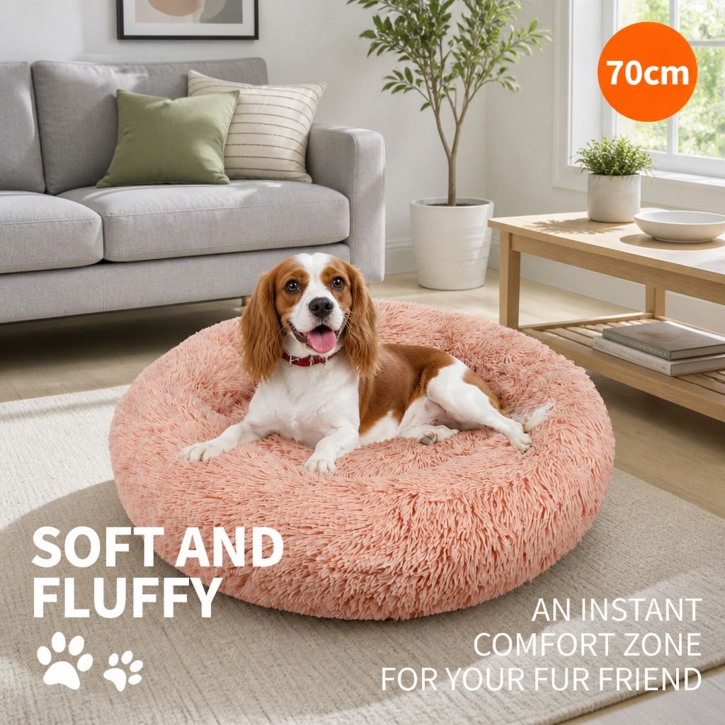 Pet Dog Bedding Warm Plush Round Comfortable Nest Comfy Sleep kennel Pink M 70cm view 2
