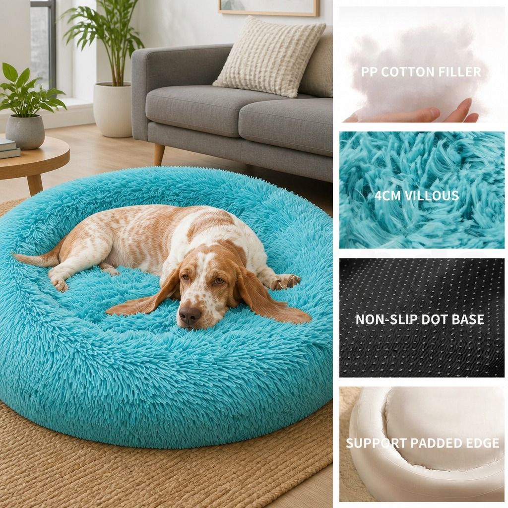 Pet Dog Bedding Warm Plush Round Comfortable Nest Comfy Sleep kennel Green 120cm view 7