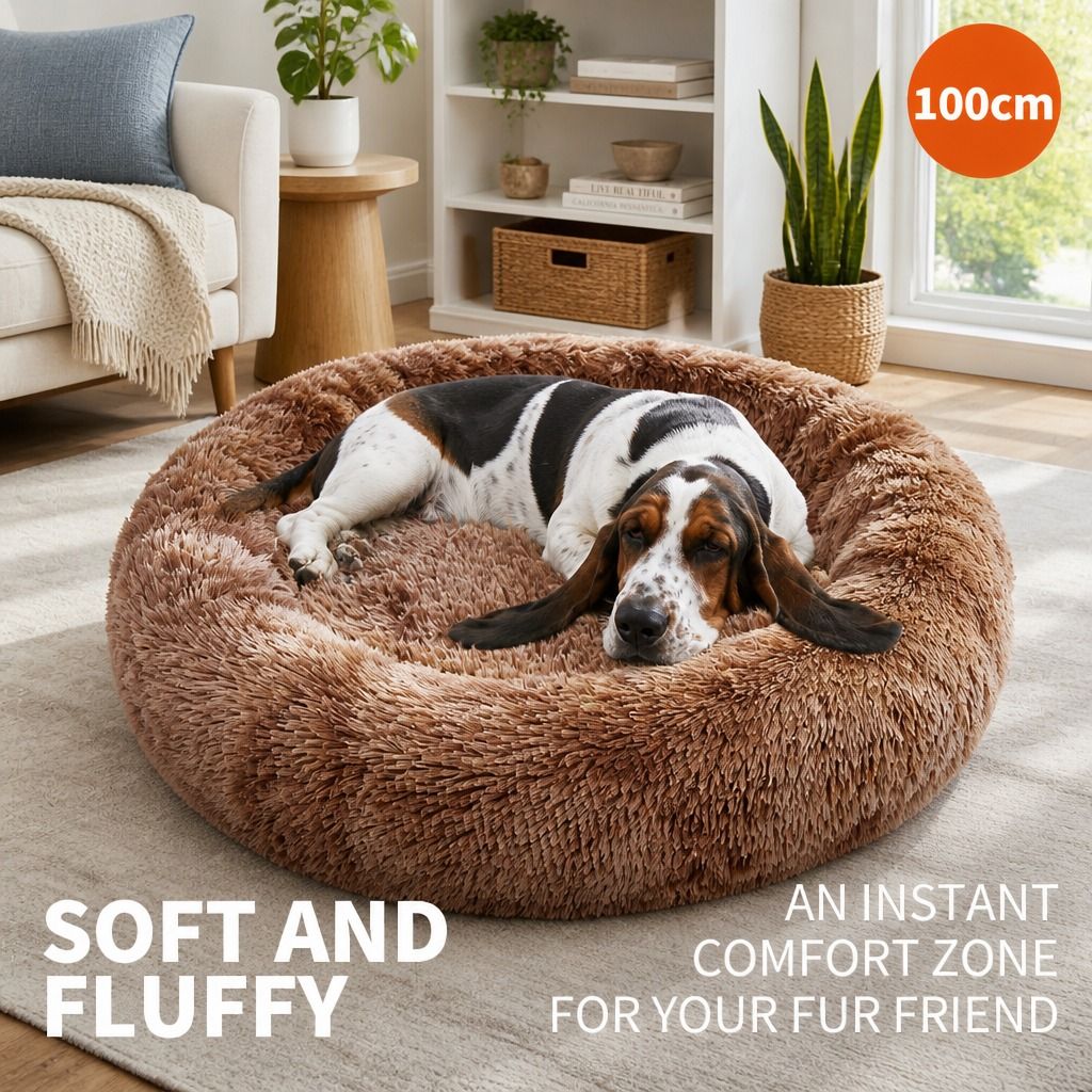 Dog Cat Pet Calming Bed Washable ZIPPER Cover Warm Soft Plush Round Sleeping 100 view 2