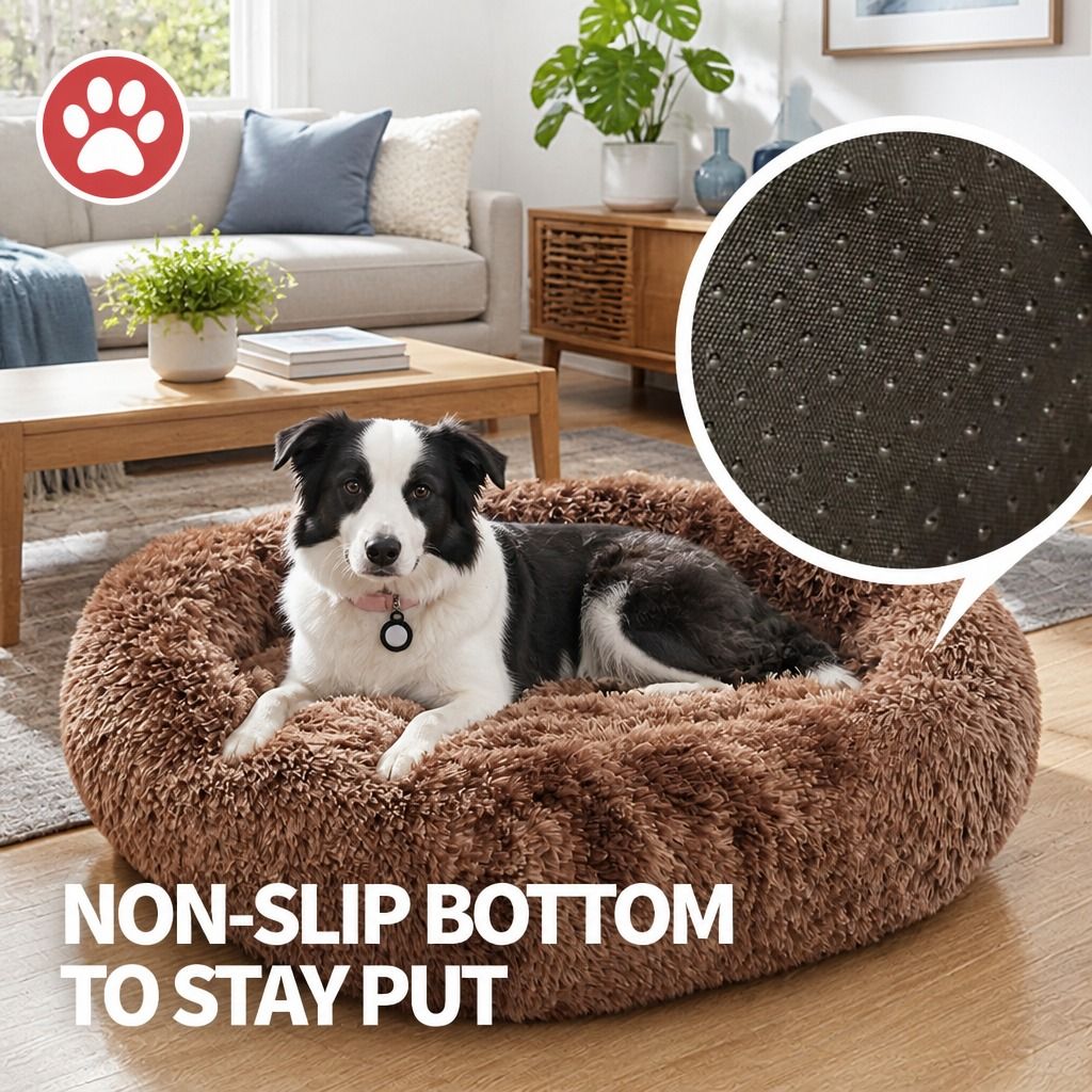 Dog Cat Pet Calming Bed Warm Soft Plush Round Nest Comfy Sleeping Kennel Cave AU view 9