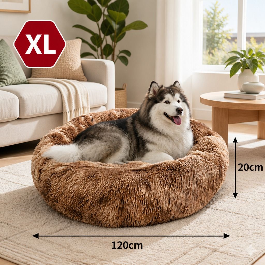 Dog Cat Pet Calming Bed Warm Soft Plush Round Nest Comfy Sleeping Cave 120cm view 2