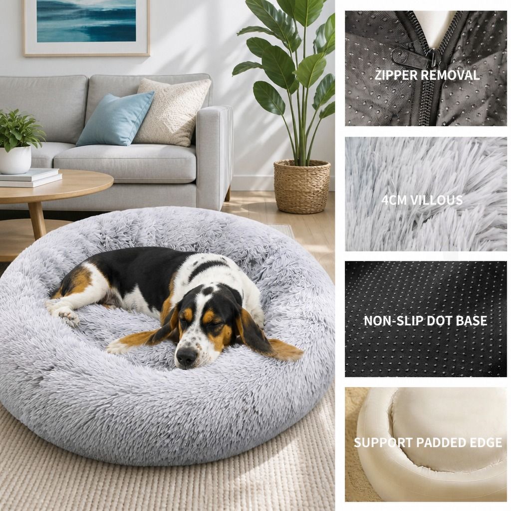 Dog Cat Pet Calming Bed Washable ZIPPER Cover Warm Soft Plush Round Sleeping 100 view 7