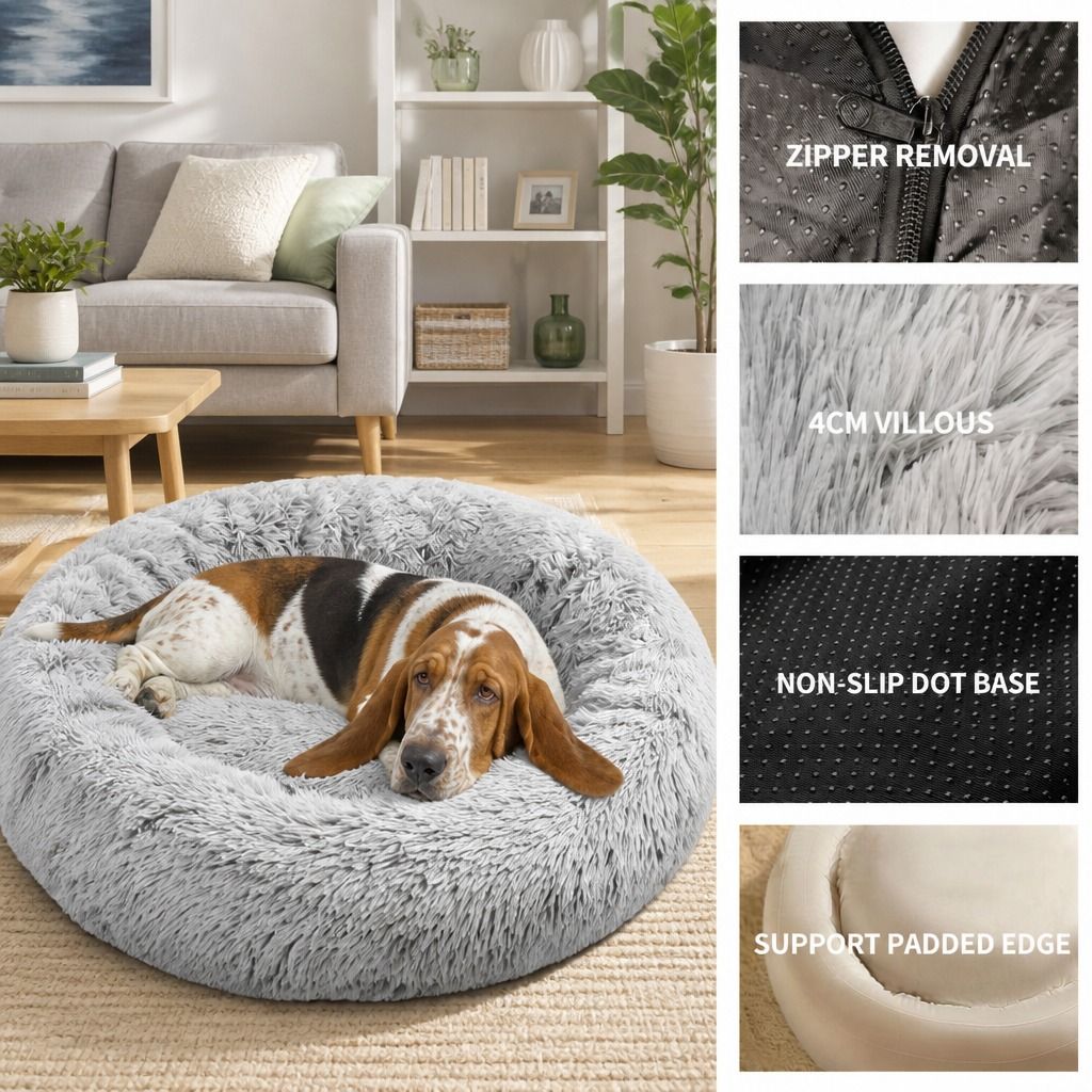 Dog Cat Pet Calming Bed Washable ZIPPER Cover Warm Soft Plush Round Sleeping 120cm view 7