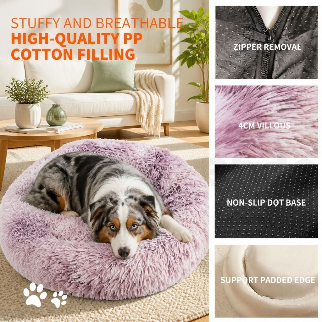 Dog Cat Pet Calming Bed Warm Soft Plush Round Nest Comfy Sleeping Kennel Cave 90 view 8