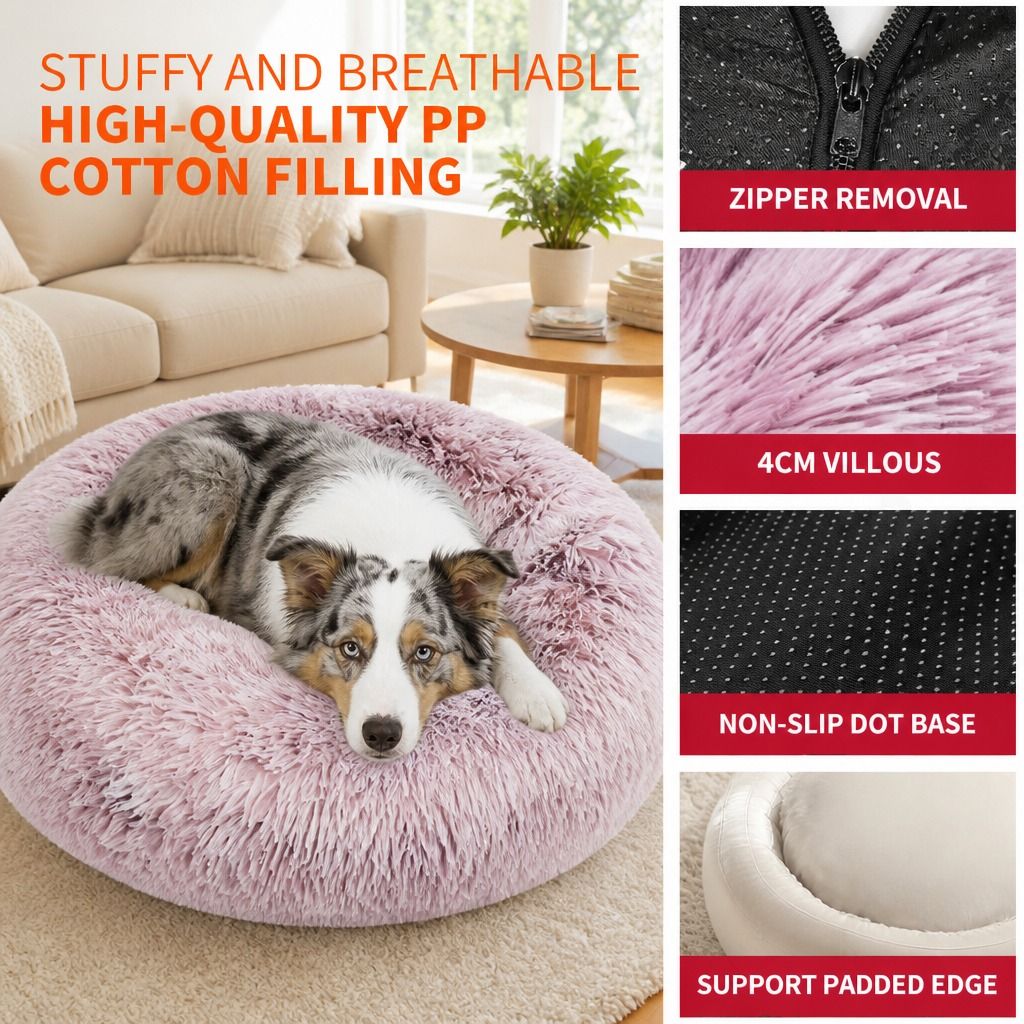 Dog Cat Pet Calming Bed Warm Soft Plush Round Nest Comfy Sleeping Cave MEL 120cm view 7