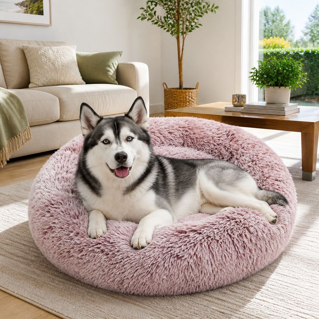 Dog Cat Pet Calming Bed Warm Soft Plush Round Nest Comfy Sleeping Cave MEL 120cm view 11
