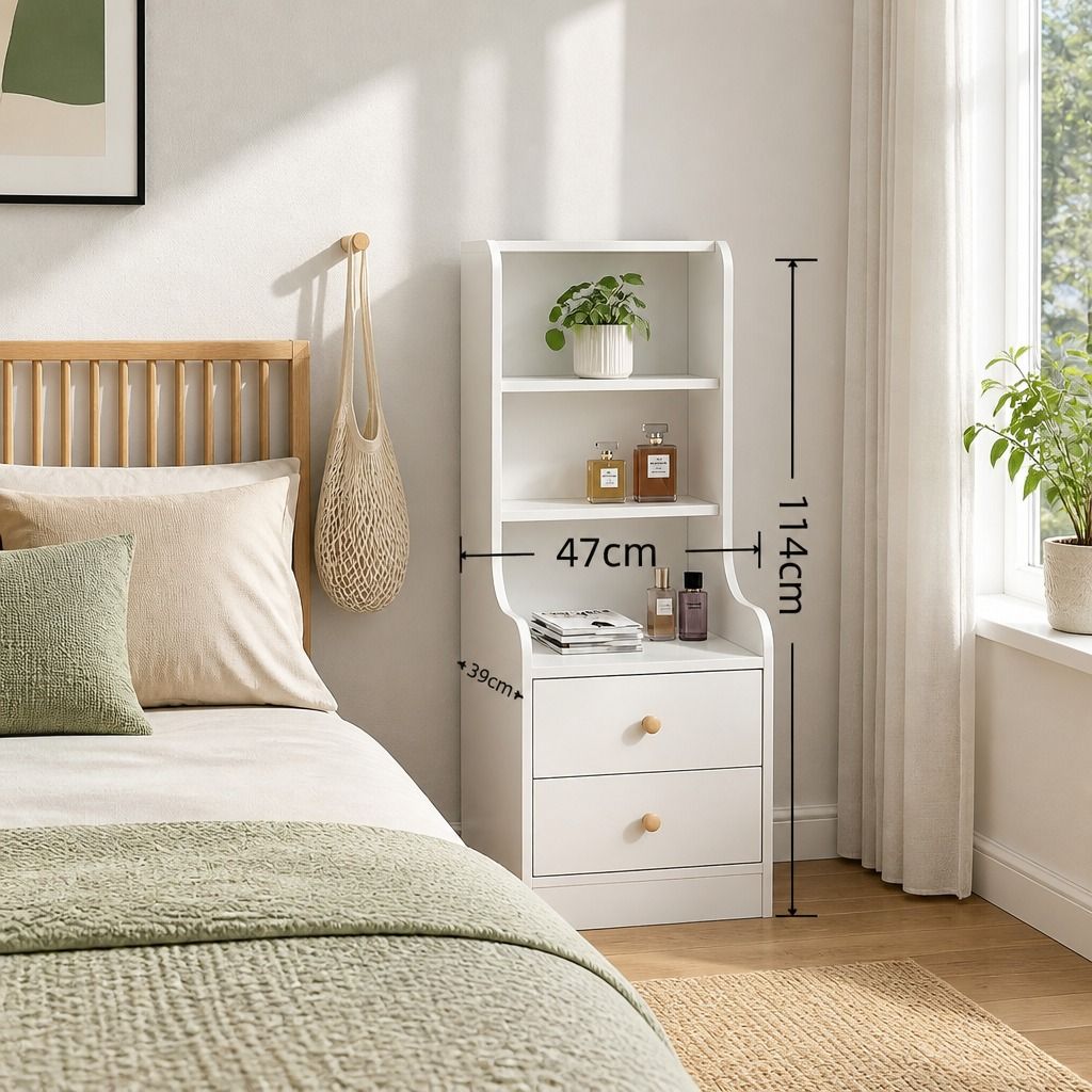 HYGGO Bedside Table Drawer Nightstand Bedroom Cabinet Warm White 3-Shelf view 2