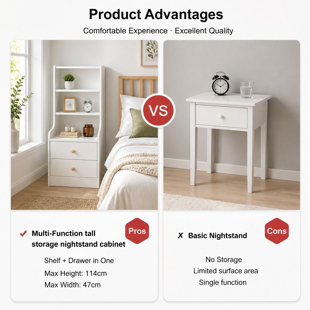 HYGGO Bedside Table Drawer Nightstand Bedroom Cabinet Warm White 3-Shelf view 3