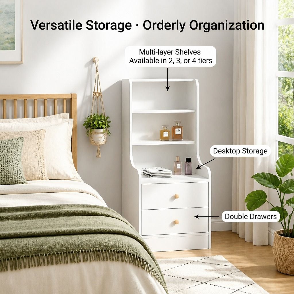 HYGGO Bedside Table Drawer Nightstand Bedroom Cabinet Warm White 3-Shelf view 4