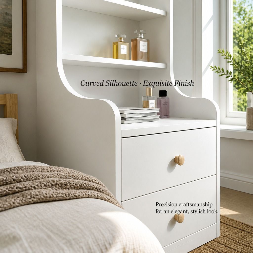 HYGGO Bedside Table Drawer Nightstand Bedroom Cabinet Warm White 3-Shelf view 9
