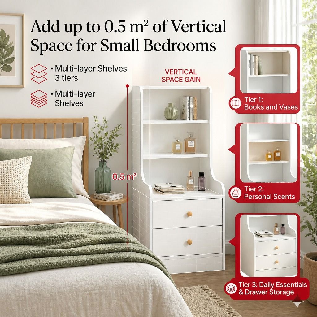 HYGGO Bedside Table Drawer Nightstand Bedroom Cabinet Warm White 3-Shelf view 10