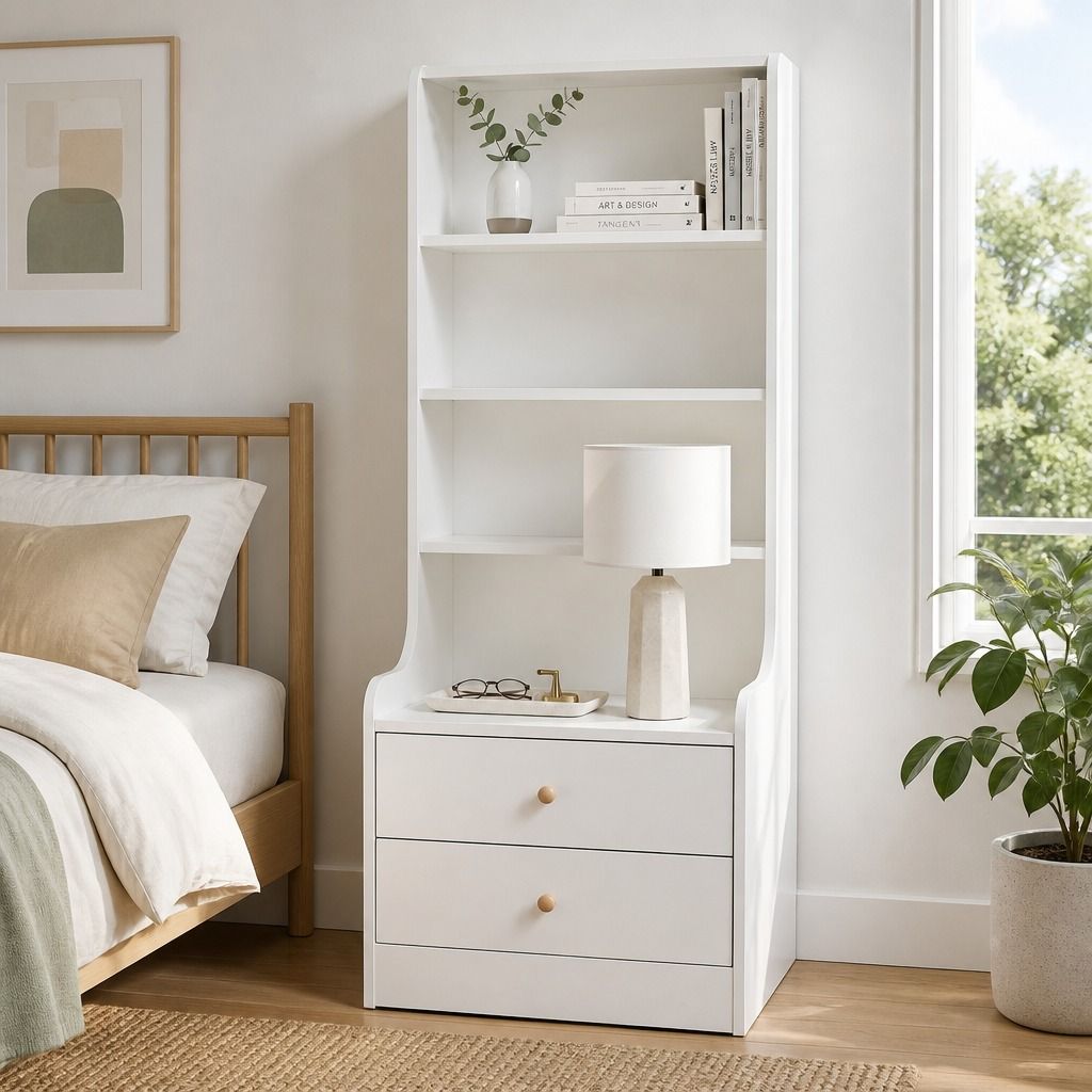HYGGO White Nightstand Bedside Table with Drawers Minimalist Tall Bookshelf