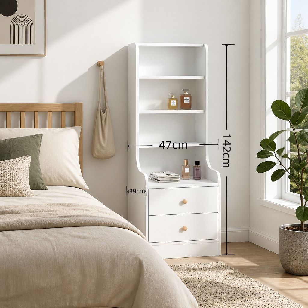 HYGGO White Nightstand Bedside Table with Drawers Minimalist Tall Bookshelf view 2