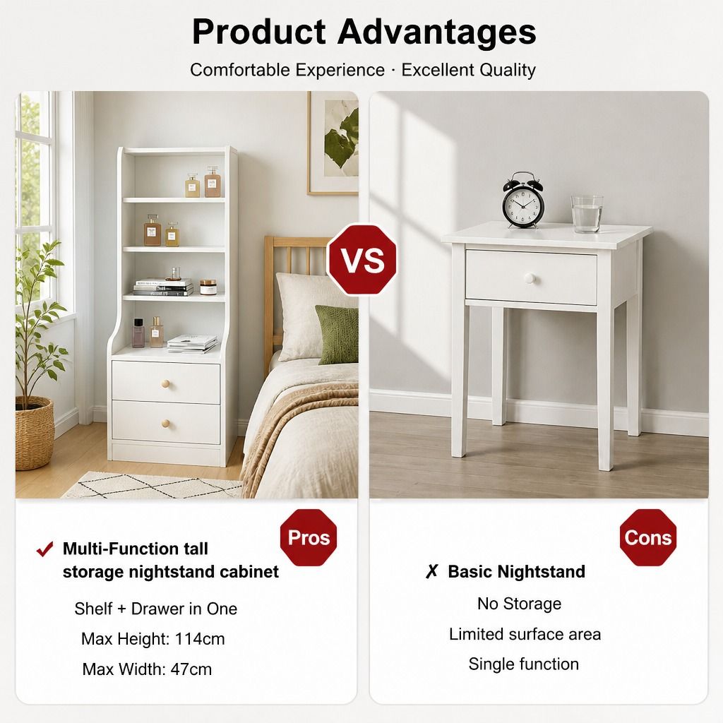 HYGGO White Nightstand Bedside Table with Drawers Minimalist Tall Bookshelf view 3