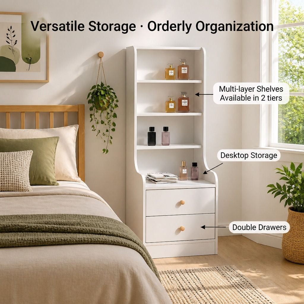HYGGO White Nightstand Bedside Table with Drawers Minimalist Tall Bookshelf view 4