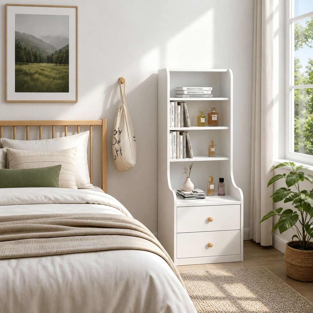 HYGGO White Nightstand Bedside Table with Drawers Minimalist Tall Bookshelf view 9