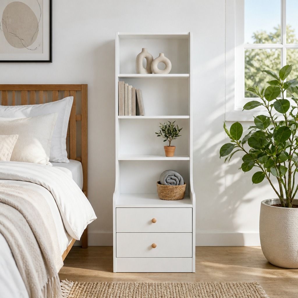 HYGGO White Nightstand Bedside Table with Drawers Minimalist Tall Bookshelf view 12
