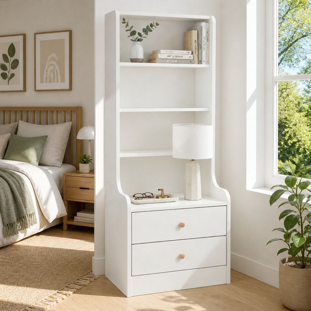 HYGGO White Nightstand Bedside Table with Drawers Minimalist Tall Bookshelf view 13