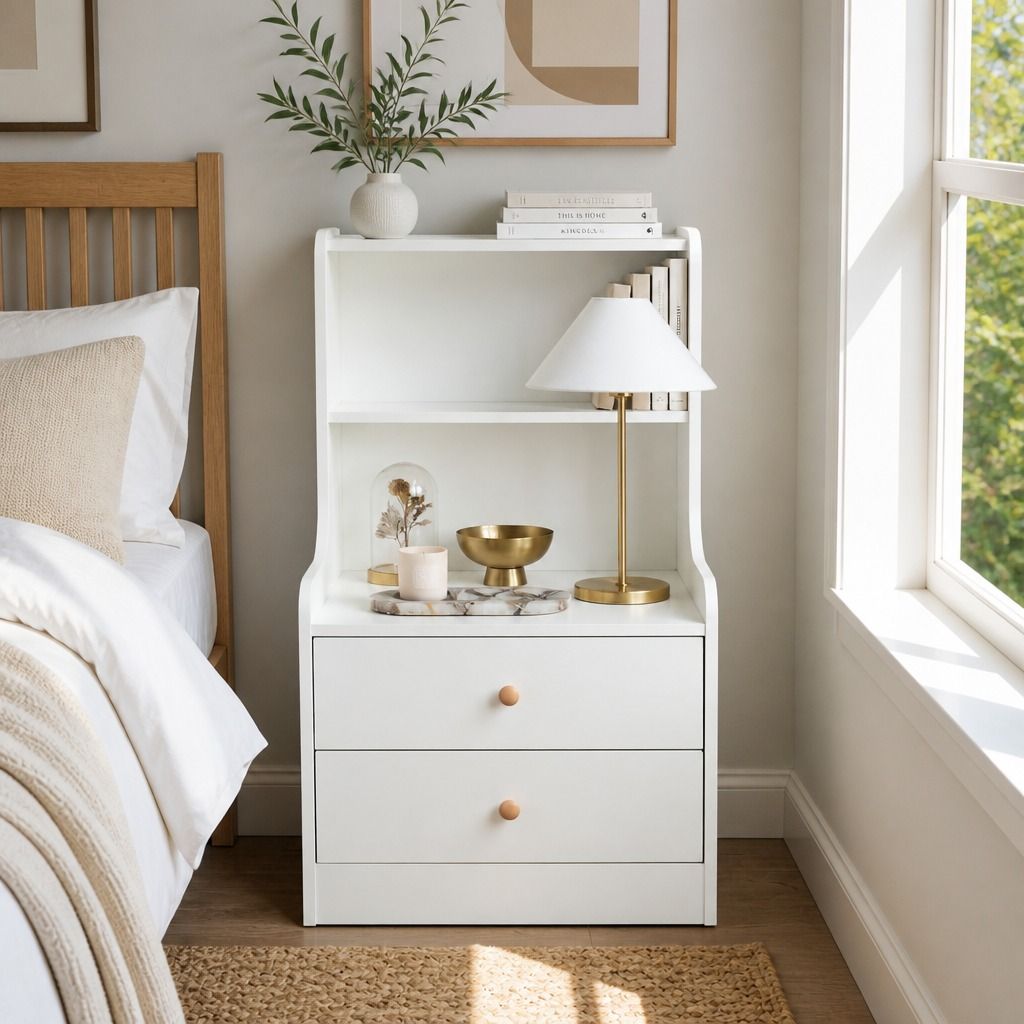 HYGGO Bedside Table Drawer Nightstand Minimalist White Storage Dual Shelves