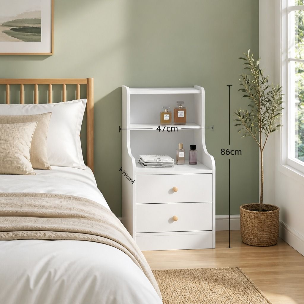 HYGGO Bedside Table Drawer Nightstand Minimalist White Storage Dual Shelves view 2