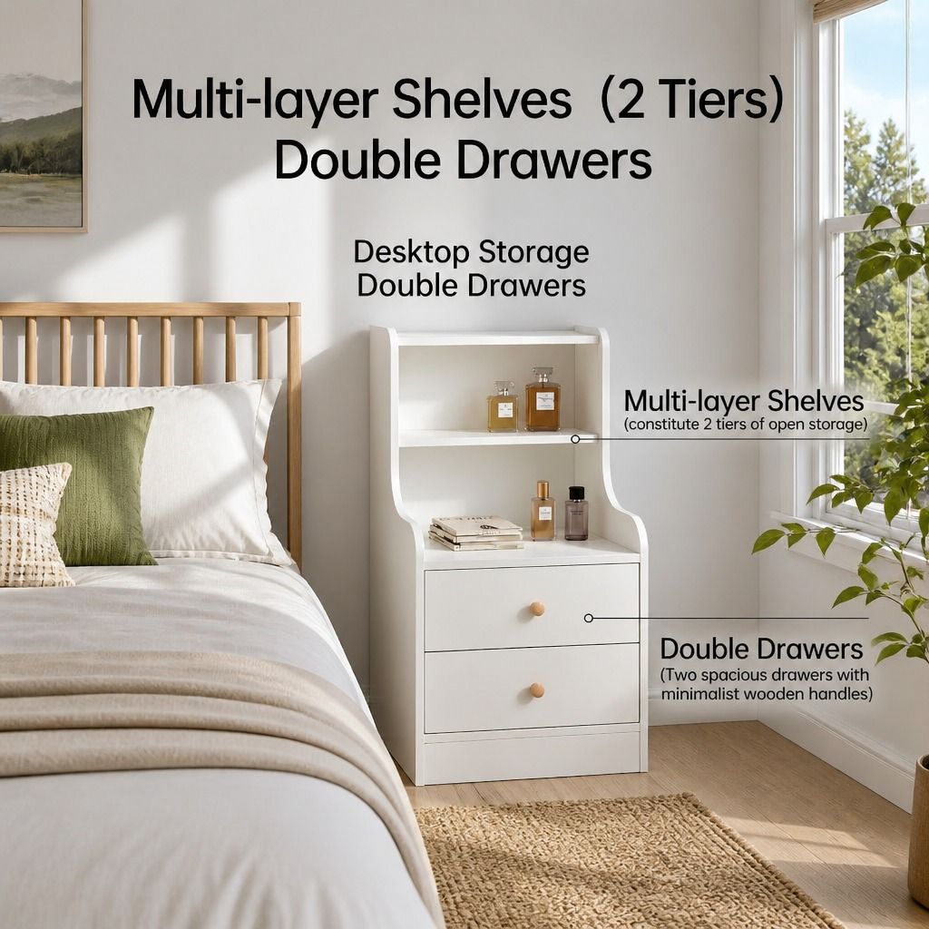HYGGO Bedside Table Drawer Nightstand Minimalist White Storage Dual Shelves view 4
