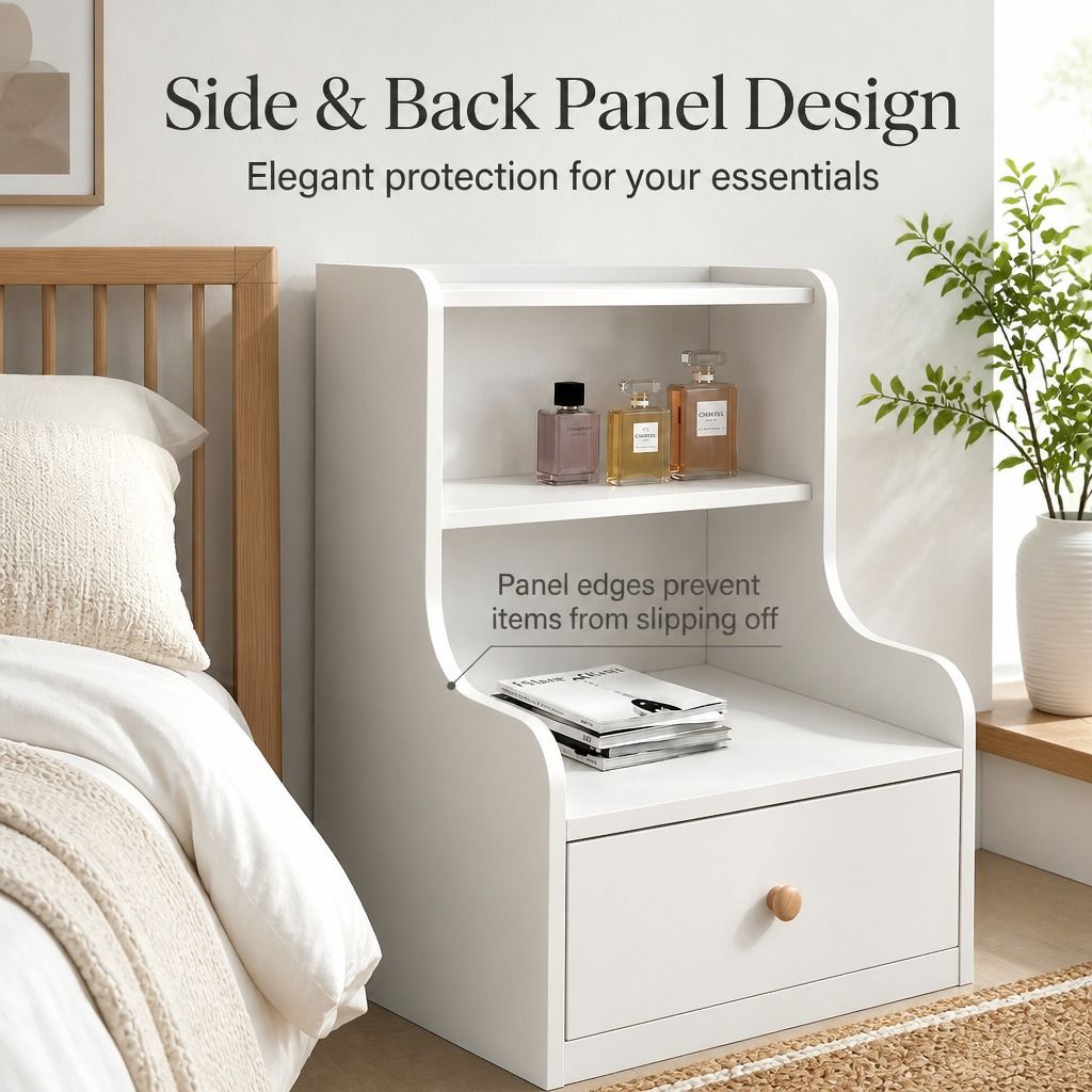 HYGGO Bedside Table Drawer Nightstand Minimalist White Storage Dual Shelves view 6
