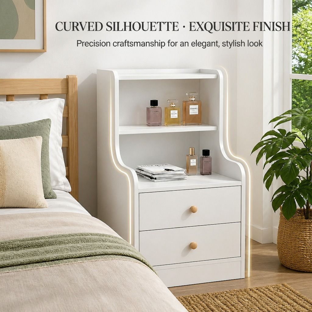 HYGGO Bedside Table Drawer Nightstand Minimalist White Storage Dual Shelves view 9