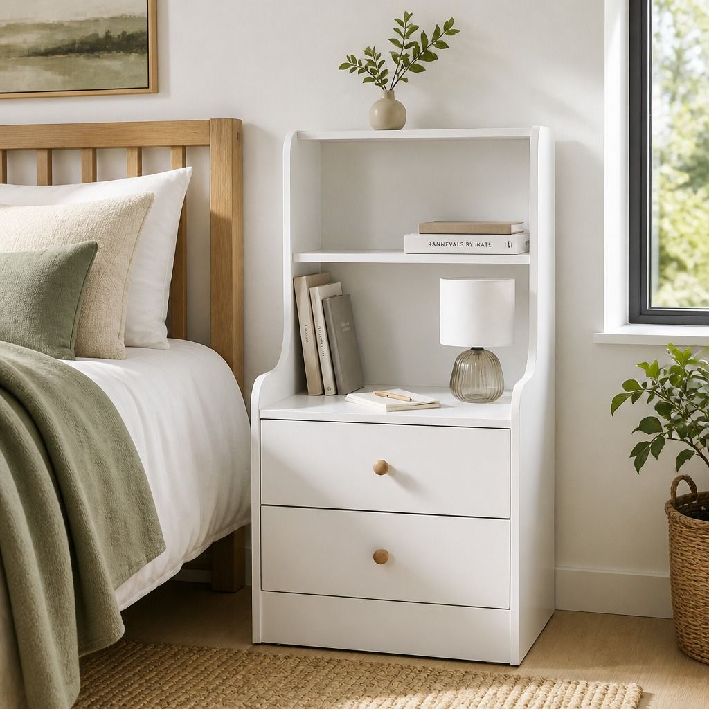 HYGGO Bedside Table Drawer Nightstand Minimalist White Storage Dual Shelves view 12