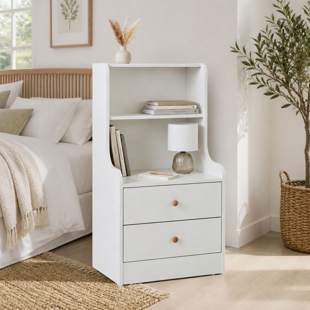 HYGGO Bedside Table Drawer Nightstand Minimalist White Storage Dual Shelves view 13