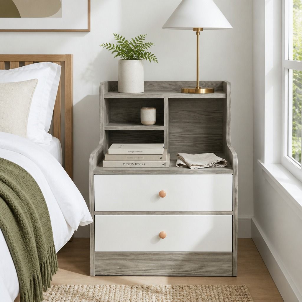 HYGGO Bedside Table Drawer Nightstand Light Gray Wood Grain White Fronts